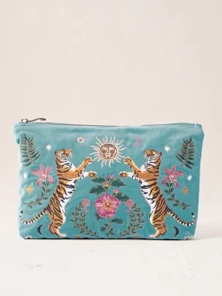 Velvet Everyday Pouch - Dusky Teal Celestial Tigers